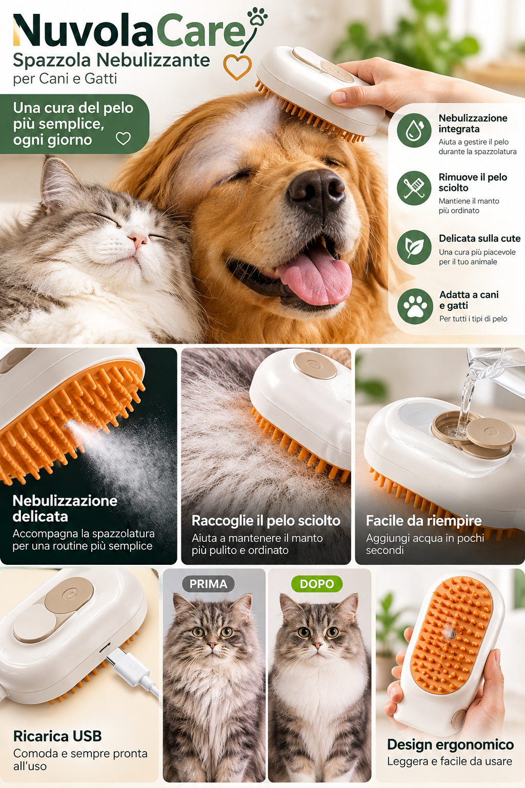 NuvolaCare™ - Spazzola Nebulizzante per Cani e Gatti